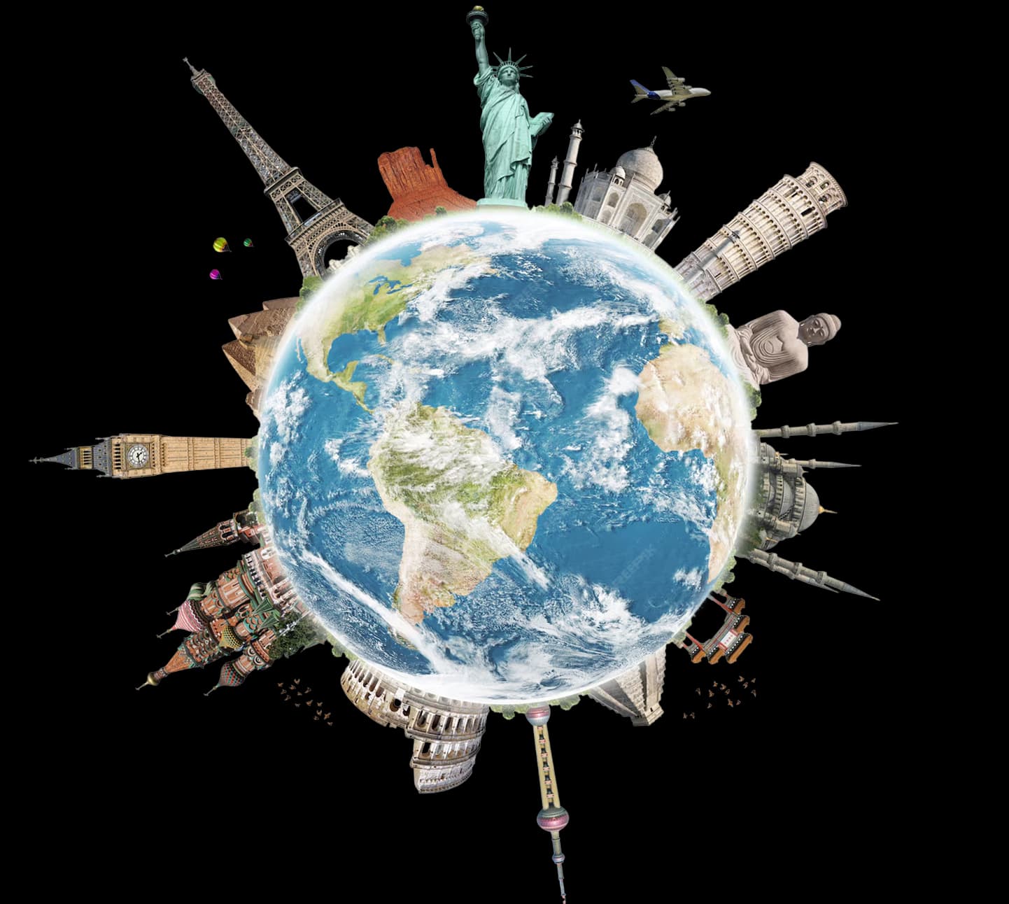 Earth with famous landmarks